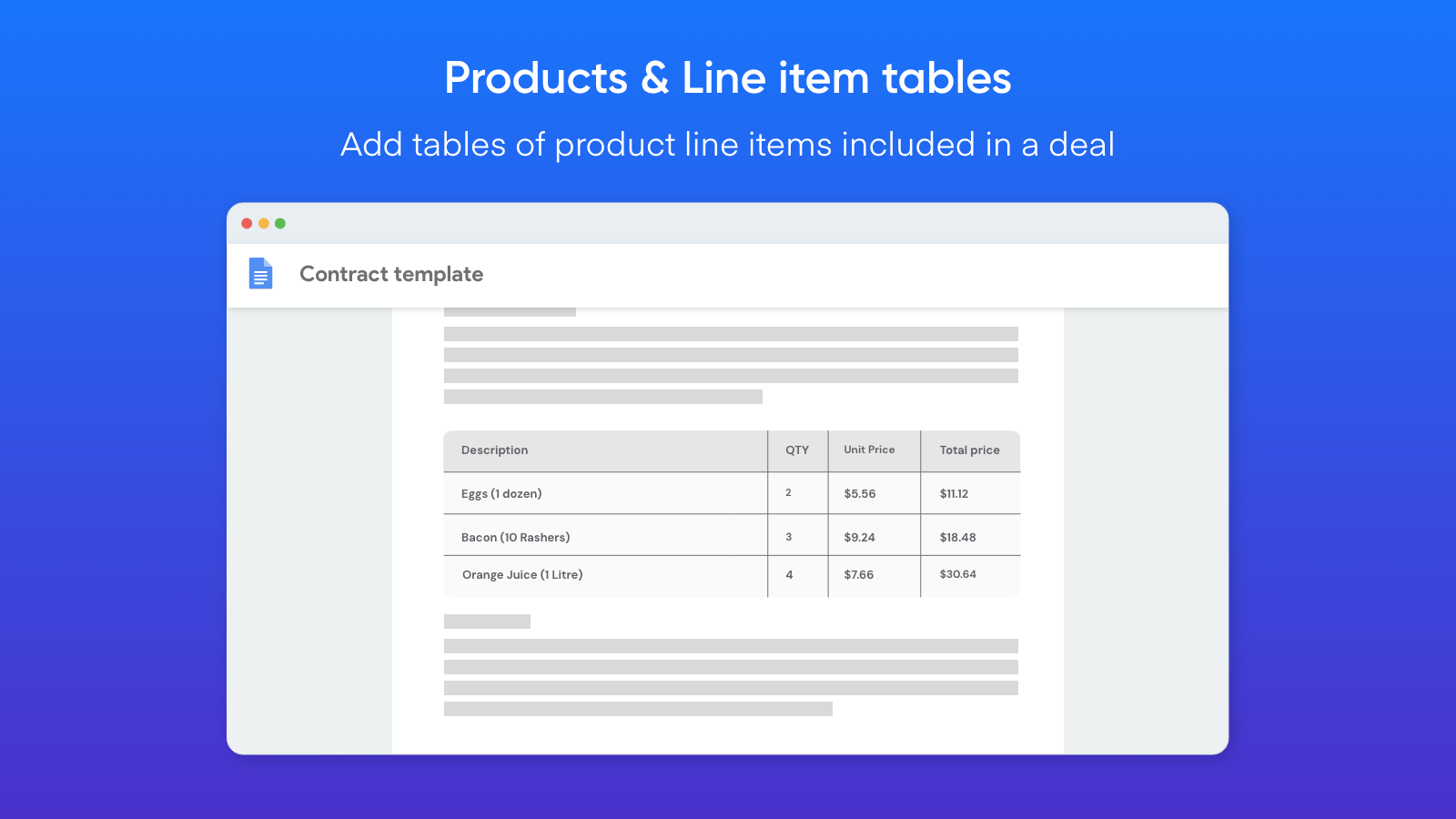 Add tables of HubSpot Product Line Items