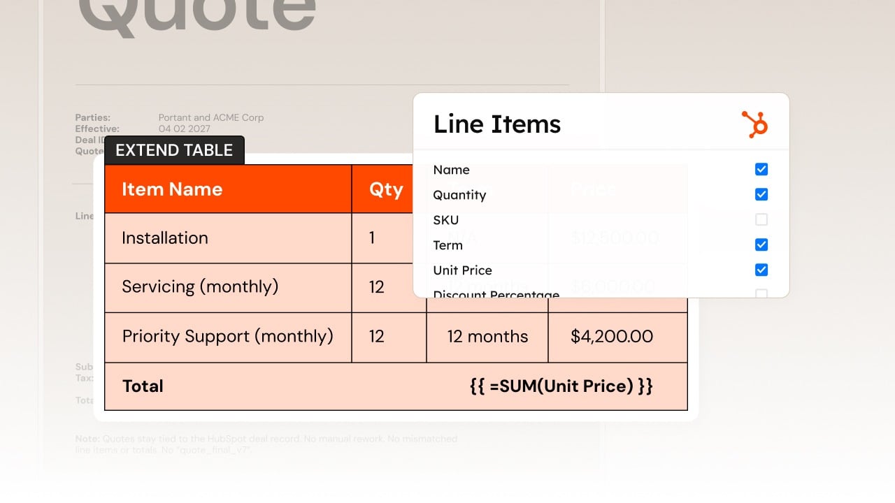 Add line items and tables from HubSpot